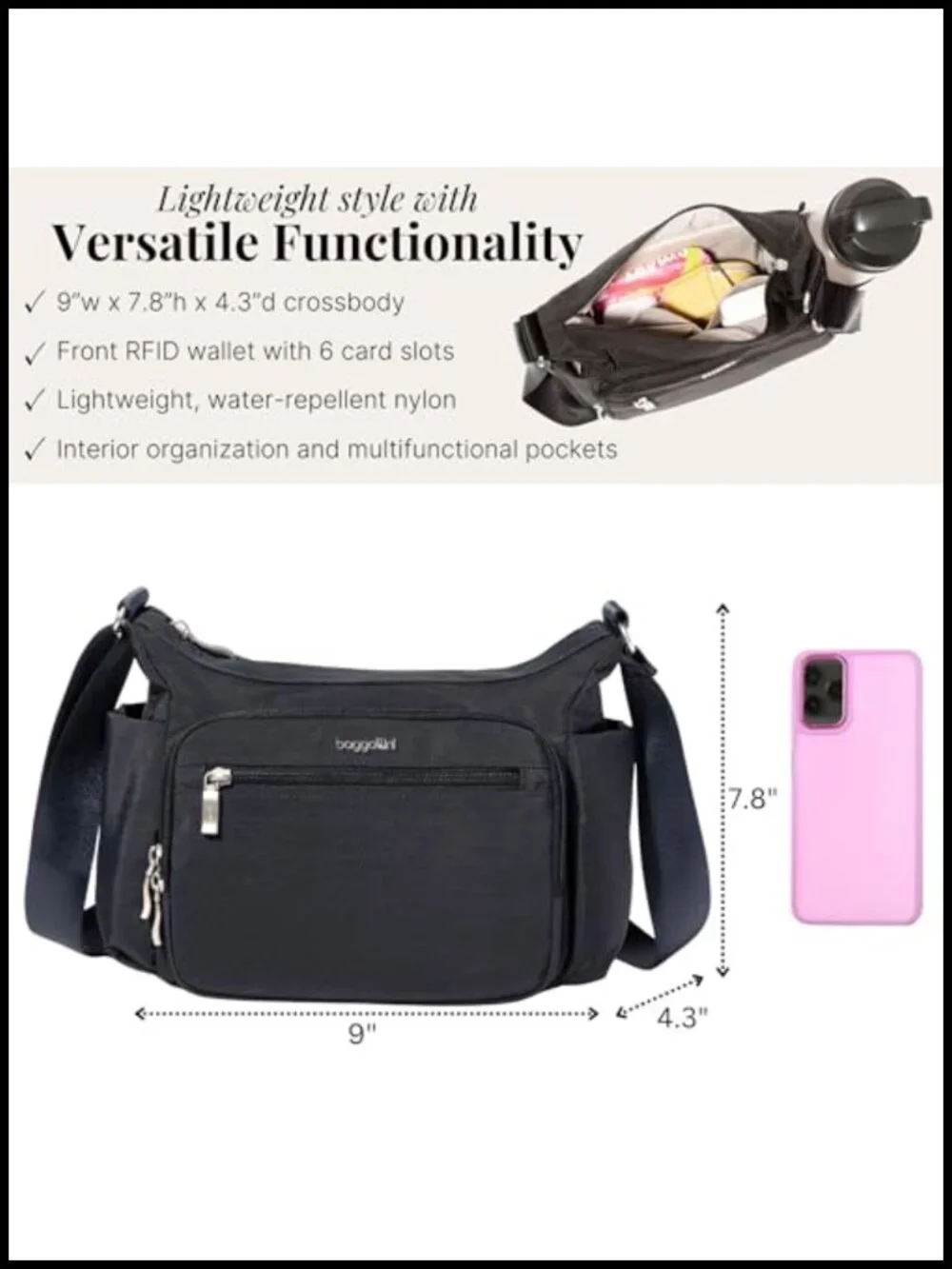 Nylon Hobo Crossbody with RFID Protection and Multiple Pockets